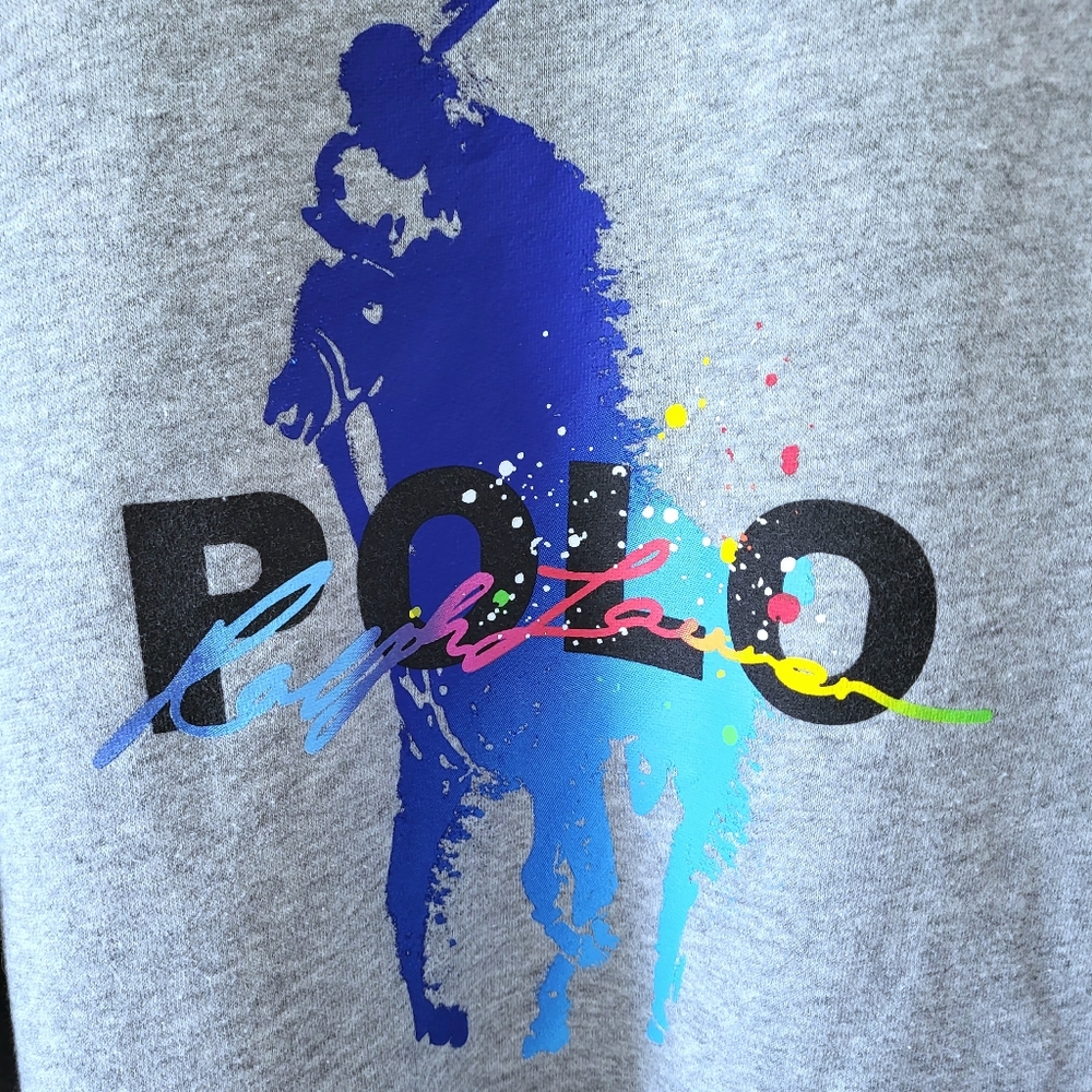 Men's Polo Ralph Lauren Big Pony Splash Paint Effect Grey Crewneck Sweatshirt L - Picture 2 of 6